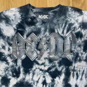 Ac/dc Cropped T-Shirt Medium Tie Dye Band Tee Blue Hologram Grunge Alt
